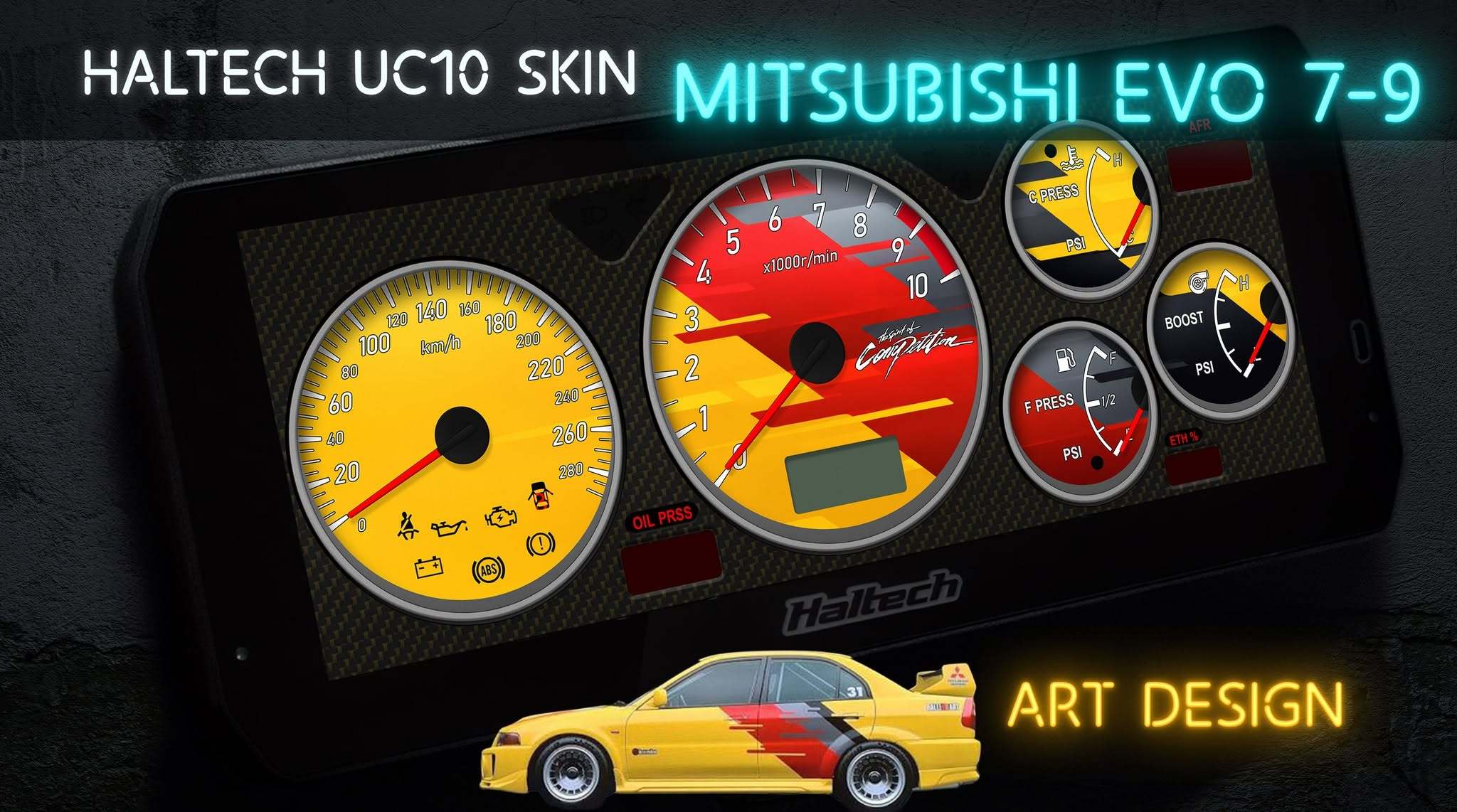 haltech-uc10-digital-dash-skin-mitsubishi-evo-7-9-yellow-art-design